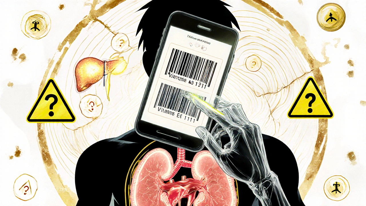 A smartphone scanning a supplement barcode, revealing hidden chemical reactions inside a human silhouette.