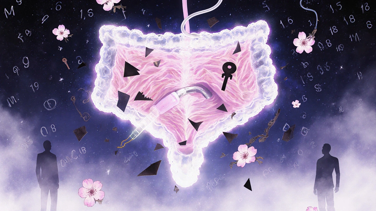 A suspended bladder frozen by shattered receptor keys, with floating medical symbols and wilting blossoms.