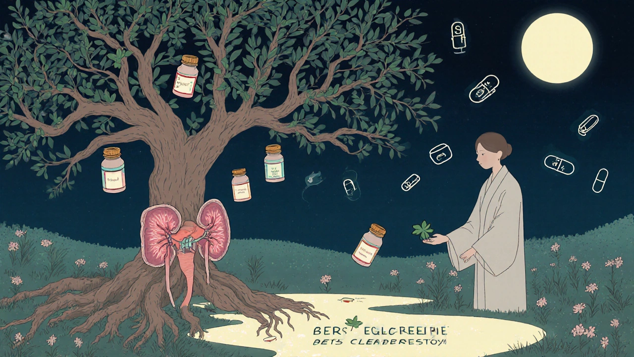 An ancient tree with organ-shaped roots and falling pill leaves in a glowing stream.