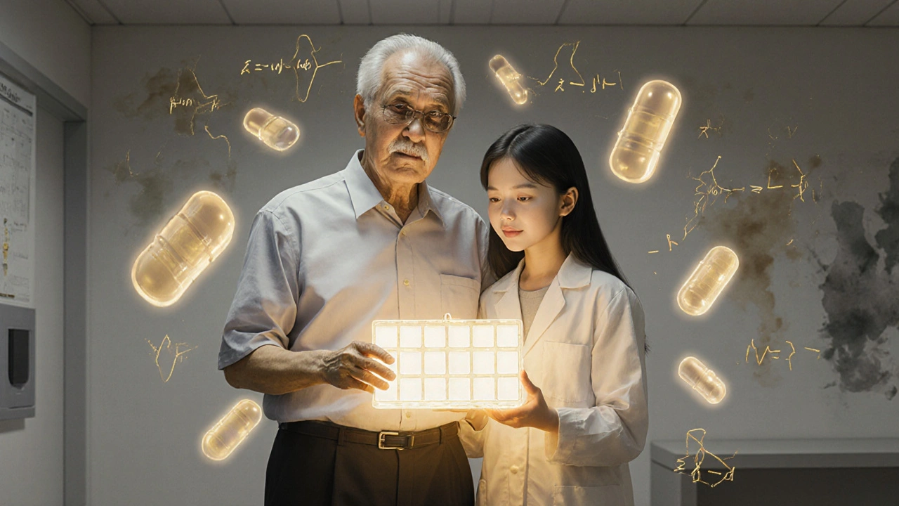 An elderly man and granddaughter with a glowing pill organizer in a serene clinic.
