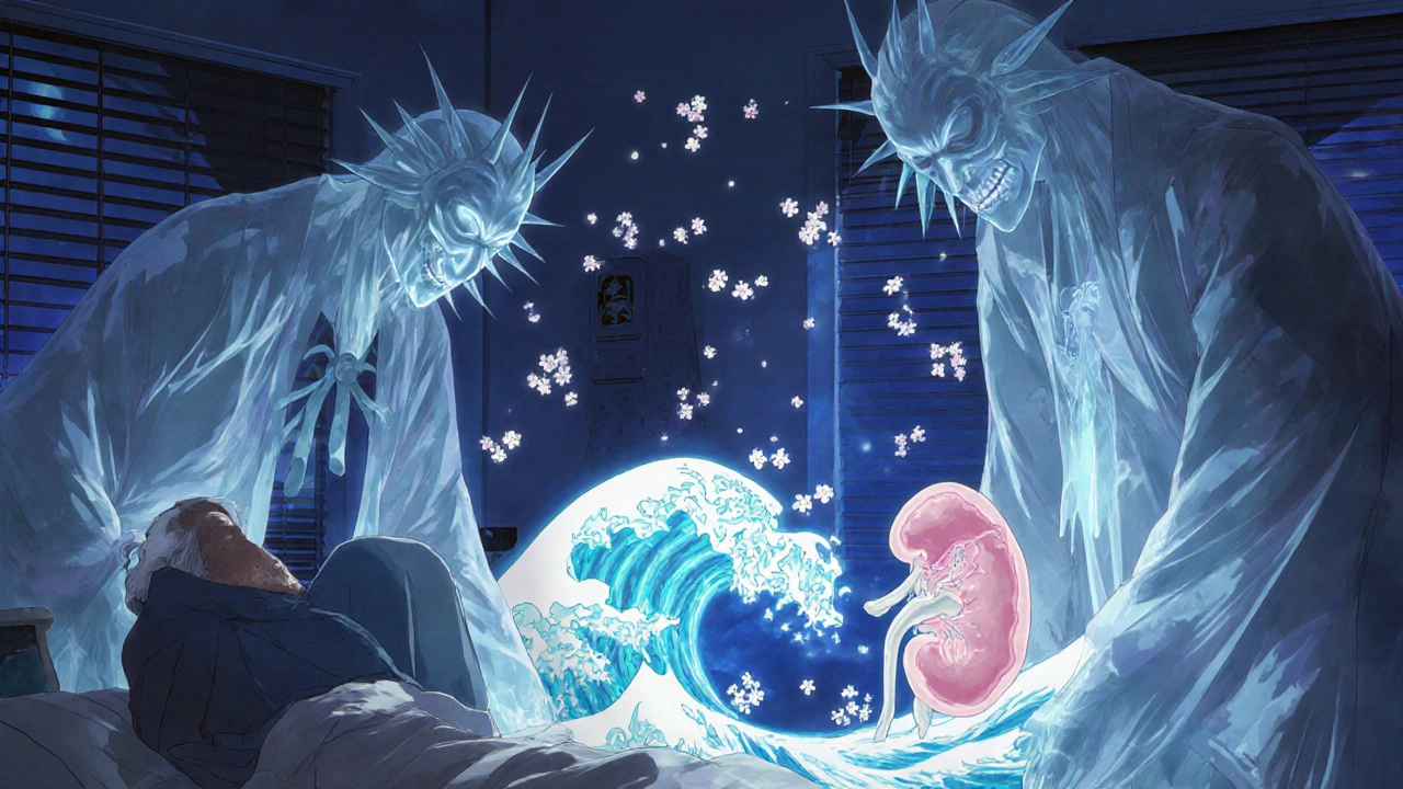 An elderly patient in pain as ghostly antifungal spirits loom over them, with a myoglobin wave rising from dark urine into a cracked kidney.