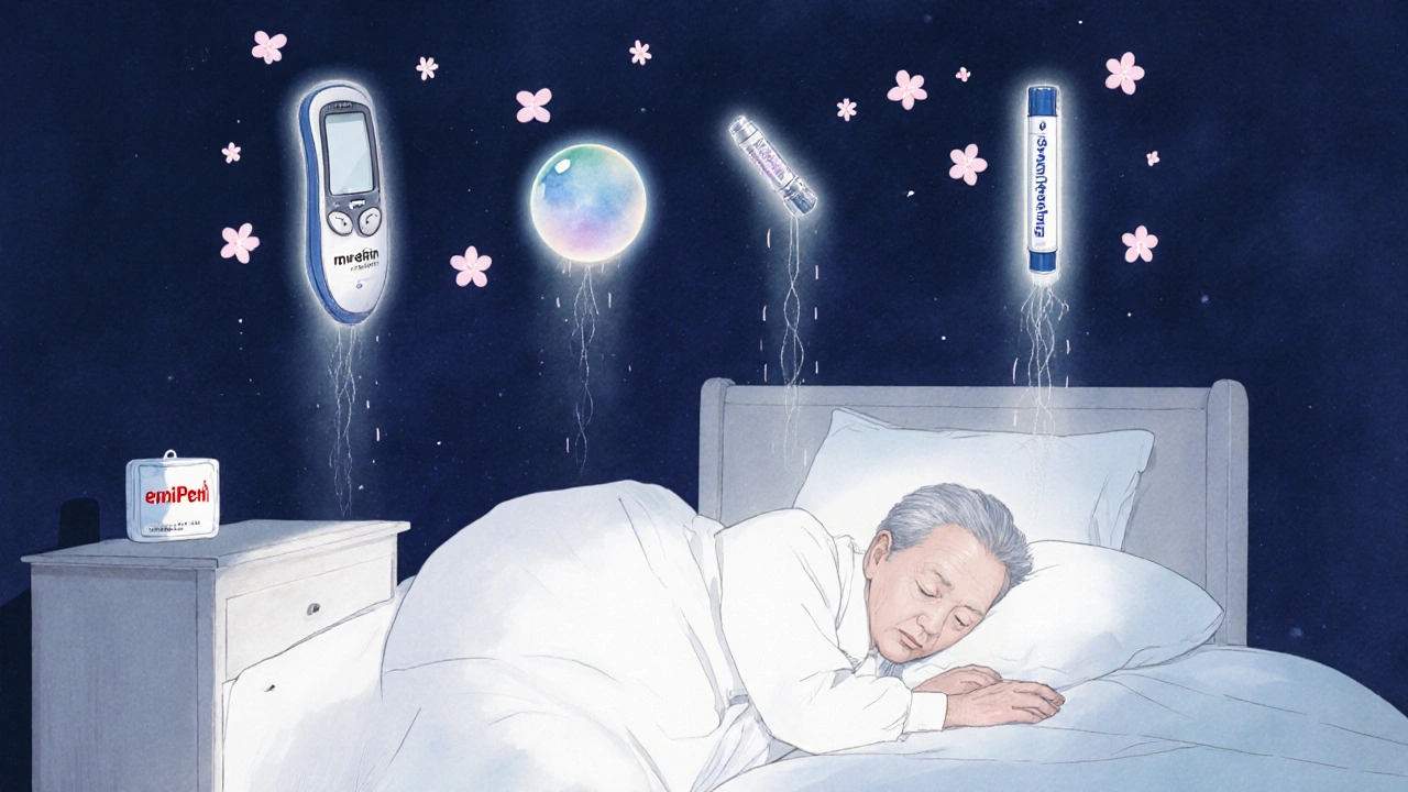 An elderly person sleeping beside a labeled emergency kit, with glowing guardian spirits of glucose, antacid, and EpiPen above them.