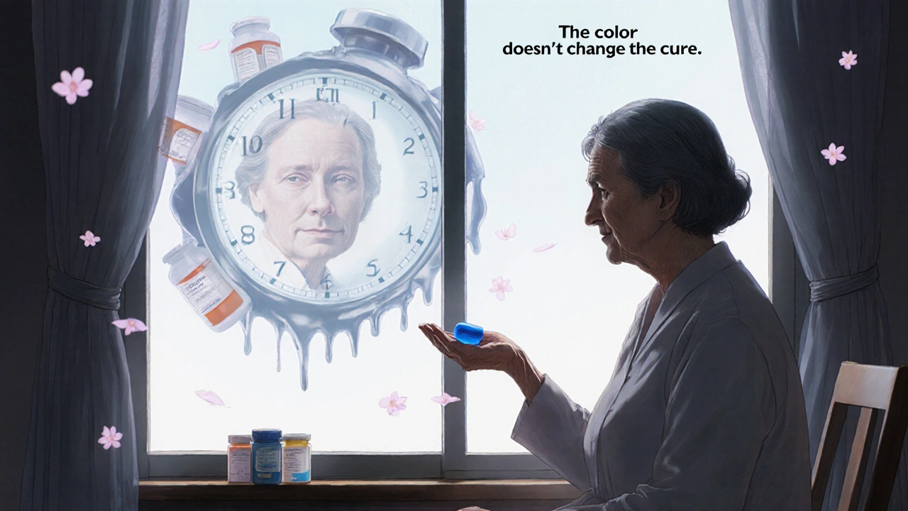 An elderly woman staring at a blue pill, her reflection showing the original white pill, with falling petals.