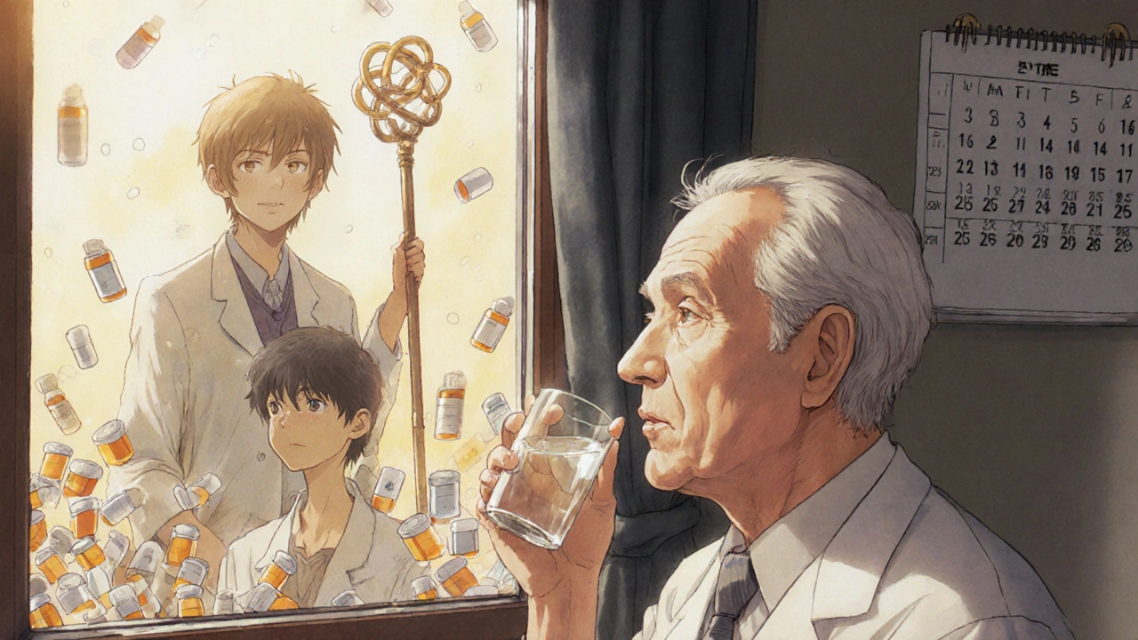 An older adult taking medication, their reflection showing past health chaos, watched over by a guardian pharmacist.