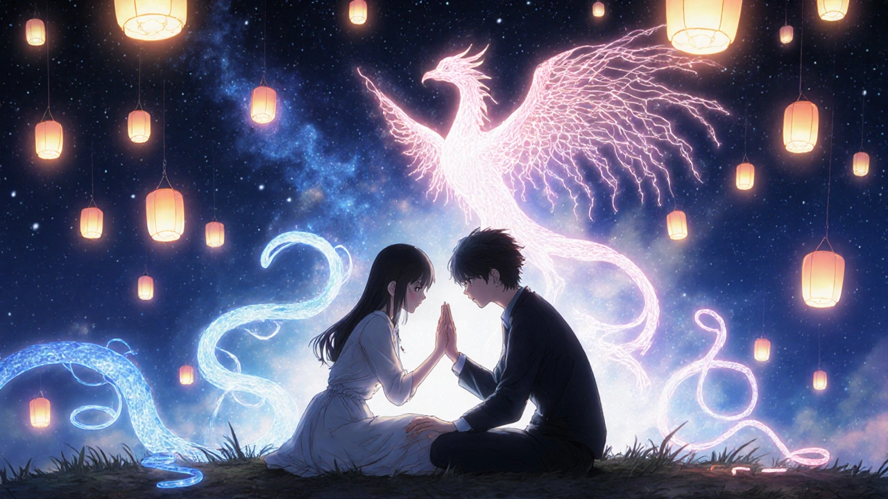 Couple touching gently under starlit lanterns, with a phoenix rising as neural light flows between them.