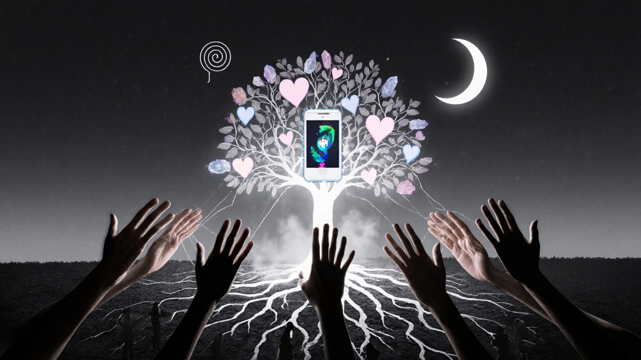 Diverse hands connected to a luminous tree of healing, with digital and spiritual symbols above, representing recovery.