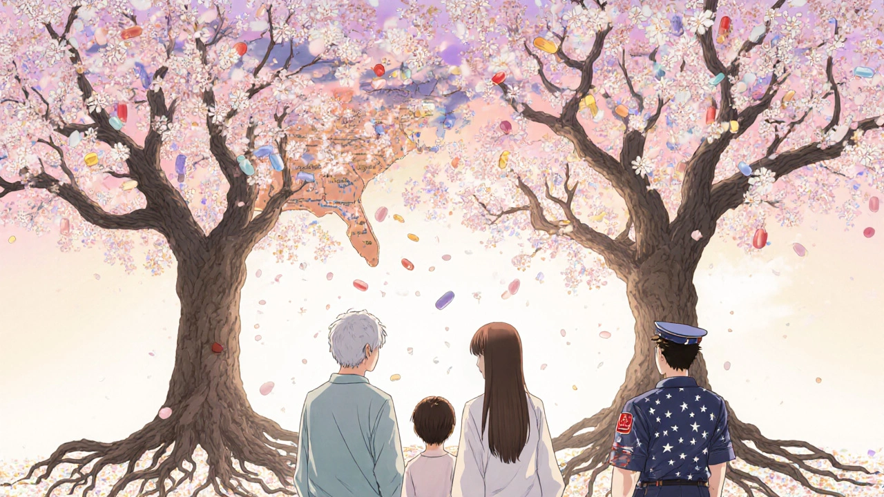 Diverse patients stand under a canopy of pill capsules blooming into cherry blossoms, symbolizing accessible medicine.