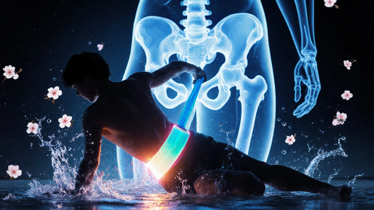 Figure doing a clamshell exercise with a glowing resistance band, surrounded by water droplets and joint symbols.