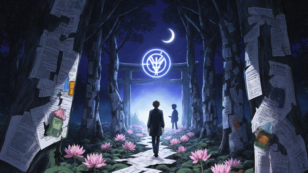 Figure walking through a forest of medical symbols, lotuses blooming at their feet, celestial gate glowing faintly.