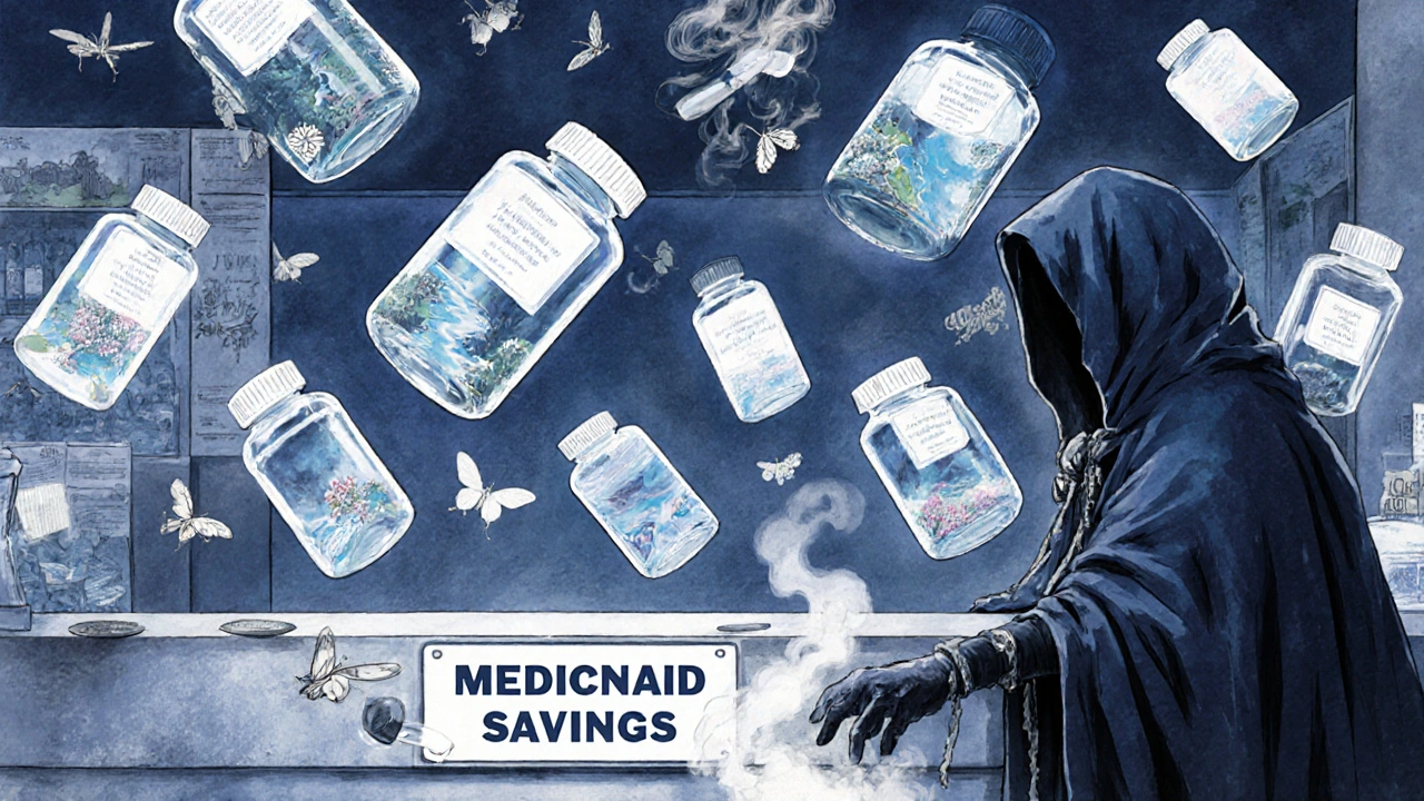 Floating generic pill bottles drift like fireflies above a pharmacy counter, while a shadowy figure reaches for dissolving coins.