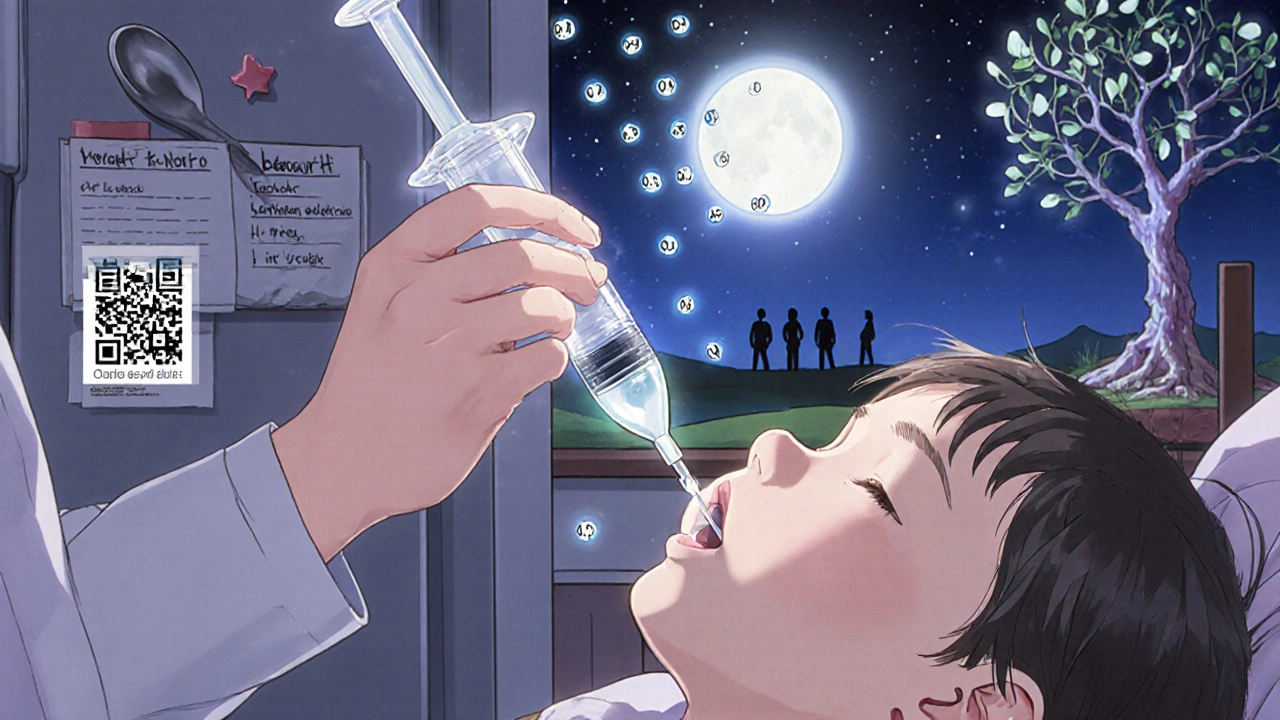 Parent using a dosing syringe as milliliter markings glow like stars, a broken spoon turns to petals.