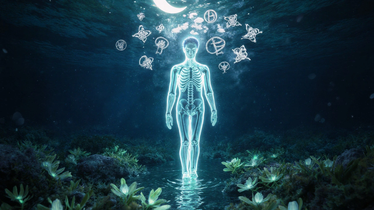 Person walking in underwater therapy, surrounded by bioluminescent plants and glowing skeletal alignment.