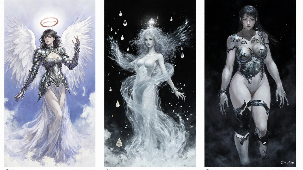 Three ethereal figures represent empagliflozin, dapagliflozin, and canagliflozin with symbolic halos, mist, and fractures in delicate ink style.