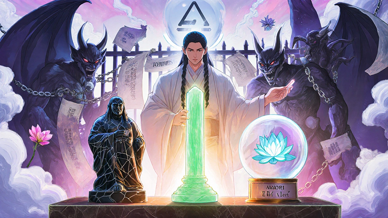 Three statins on an altar: one shattered, two glowing, as a pharmacist spirit protects the safe ones while antifungal demons are banished behind a gate.