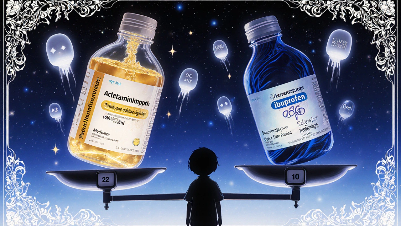 Two medicine bottles float beside a child, labeled with different concentrations and weight scales.