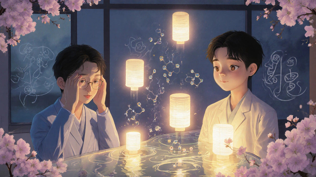 Two people in a dreamlike clinic, one tired and one refreshed, connected by a river of transforming molecules and floating pill lanterns.
