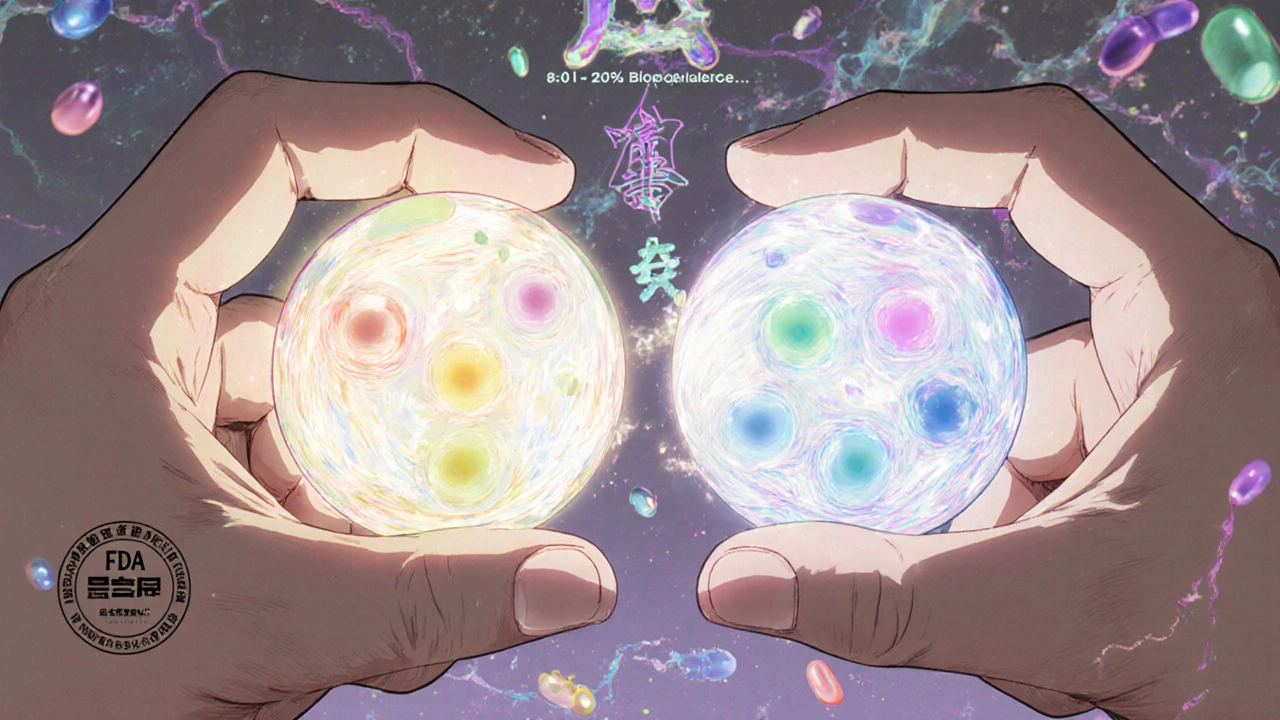 Two pills with glowing identical cores, surrounded by abstract representations of inactive ingredients.