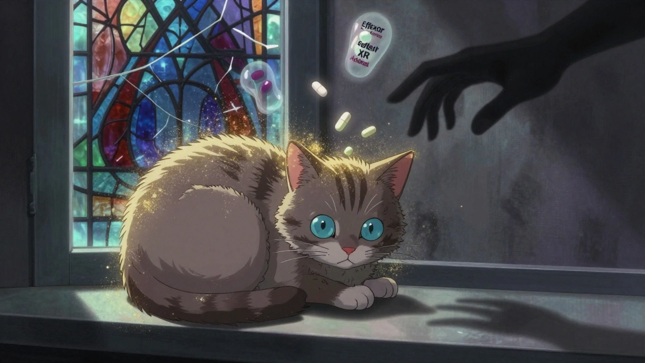 A cat with blue-tinged gums and dilated pupils surrounded by floating medication spirits.