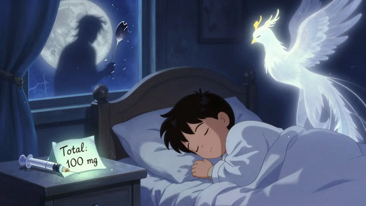 A child sleeps safely as a glowing label and a shattered spoon are watched over by a celestial guardian.