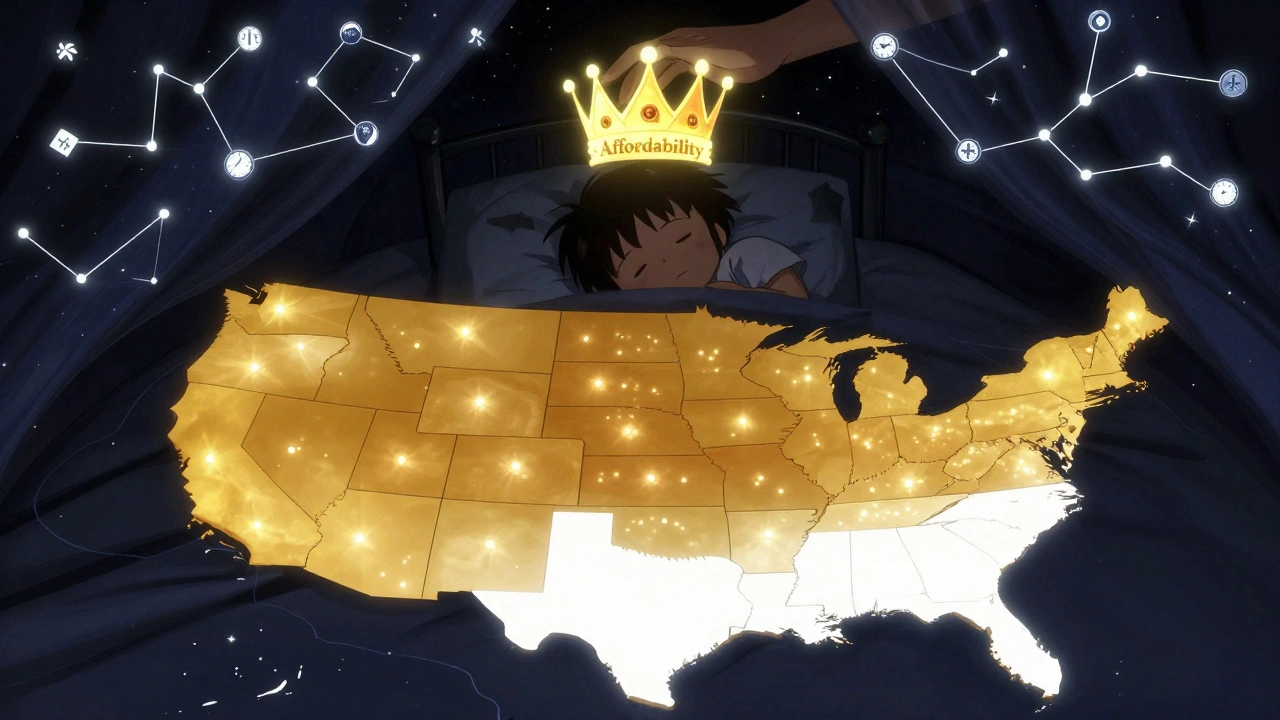 A child sleeps under constellations of insurance cards and job clocks, crowned by affordability as U.S. states glow differently.