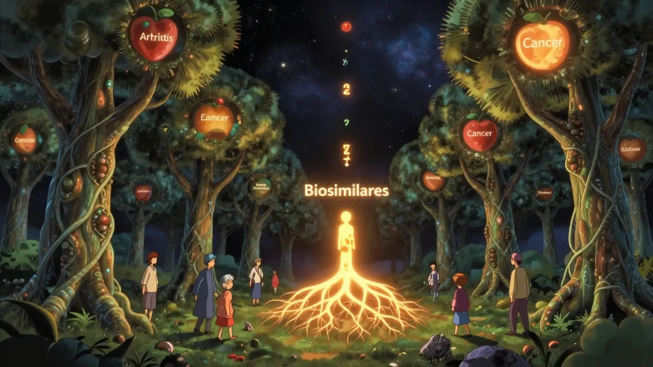A cosmic forest of protein trees connects patients, with biosimilars as the glowing root system.
