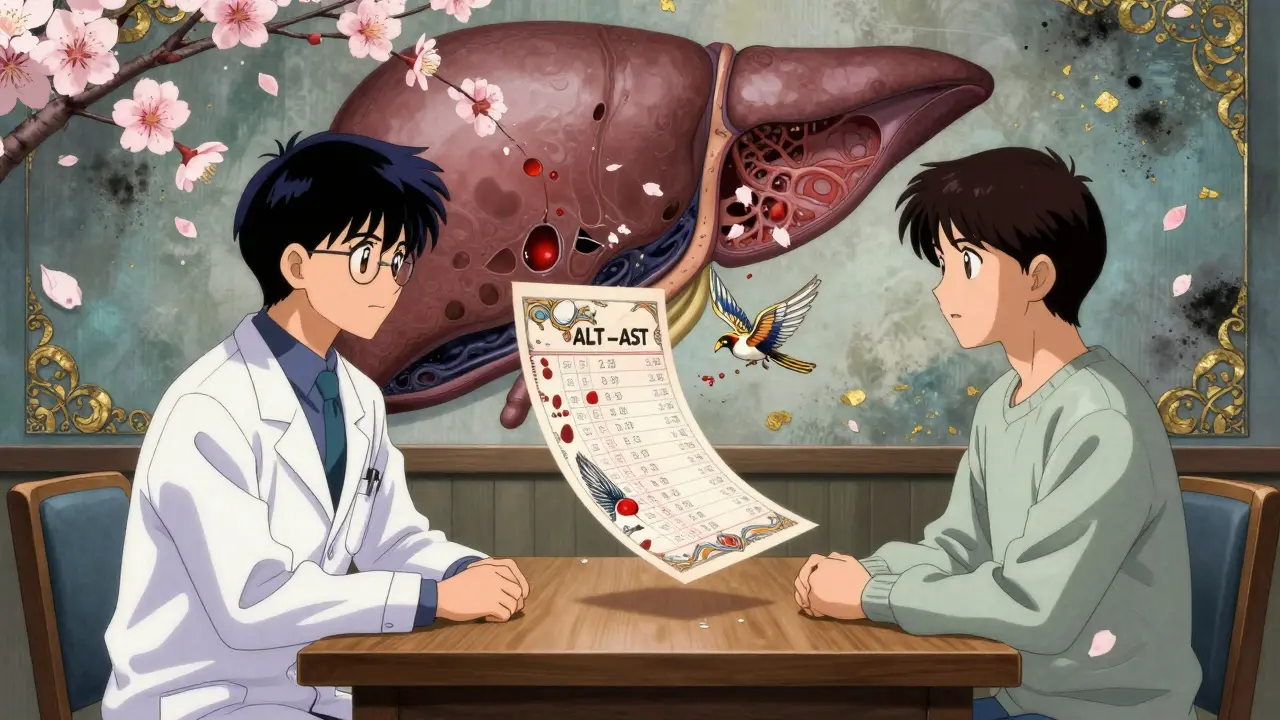 A doctor and patient face a floating blood test report with soaring enzyme levels like birds.