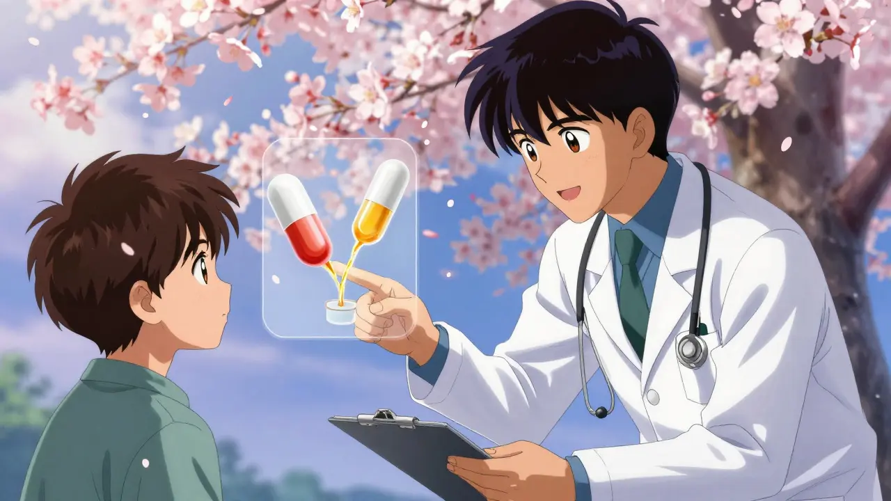 A doctor explains bioequivalence to a patient using a glowing diagram of two identical pills with shared active ingredient streams.