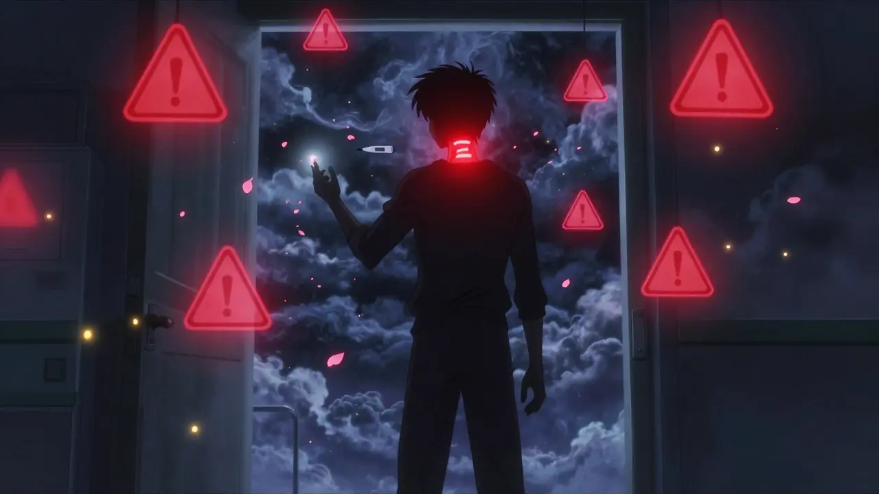 A figure at a hospital doorway with glowing warning symbols floating around them—stiff neck, rash, confusion—in a surreal stormy sky.