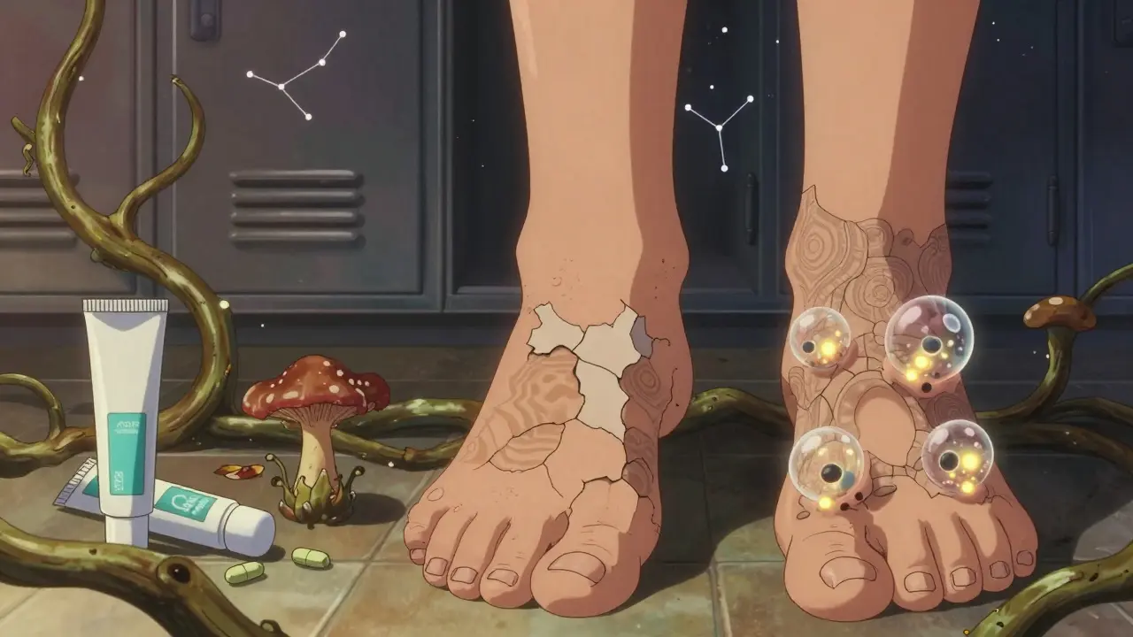 A foot showing three types of athlete’s foot with glowing spores and symbolic antifungal treatments.