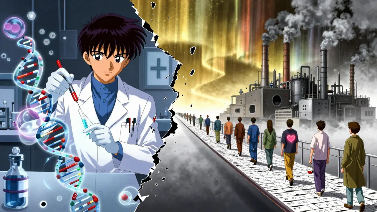 A fractured medical emblem splits into biologic research and empty factories, patients walking on prescription bridges.