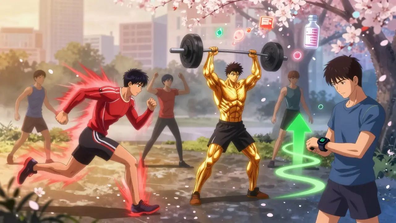 A group doing HIIT in a misty park, with glowing glucose and insulin symbols swirling around them in anime style.