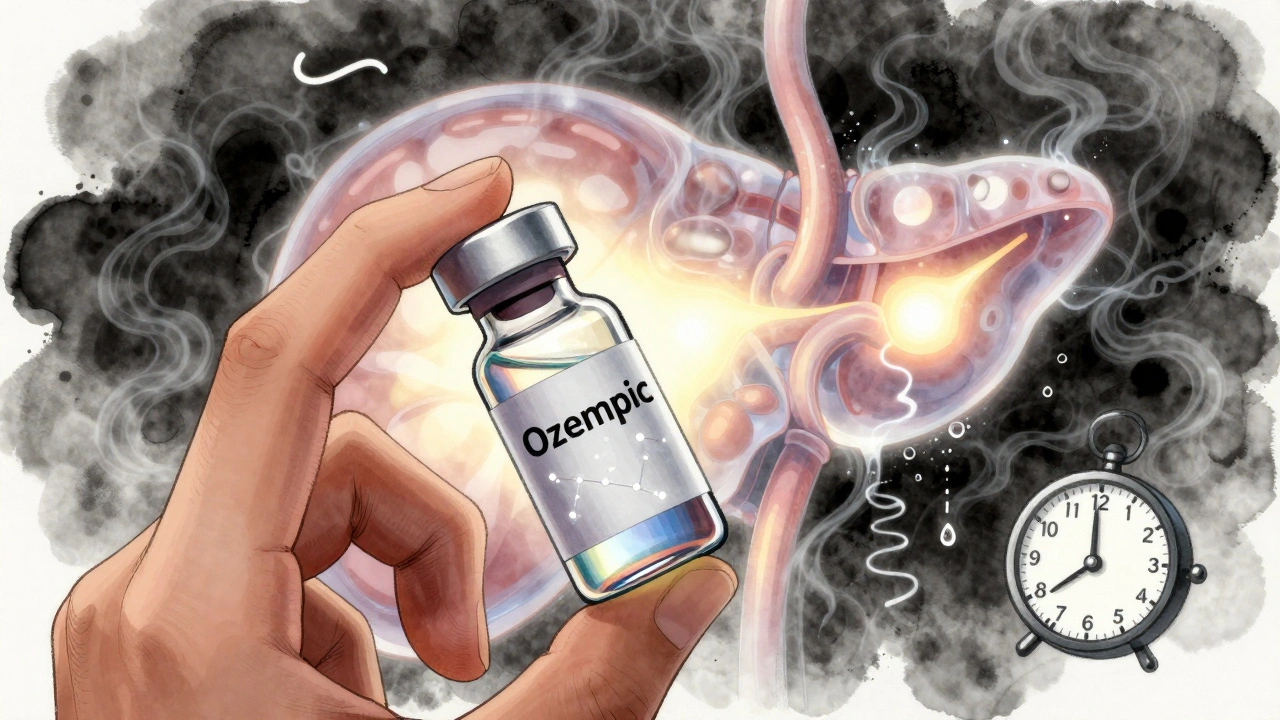 A hand holds an Ozempic vial as a translucent pancreas pulses with light and shadow, surrounded by symbols of symptoms and time.