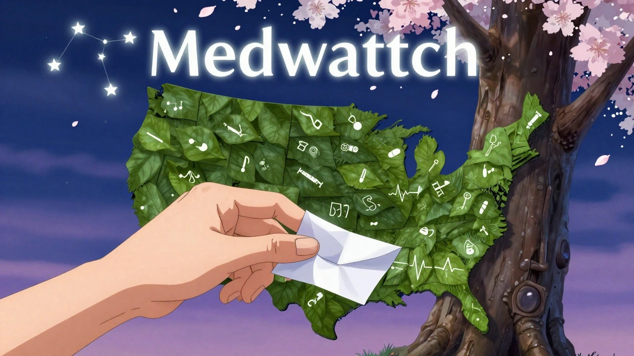 A hand placing a report into a tree with U.S. map bark, as medical icons rise as stars forming the MedWatch logo.