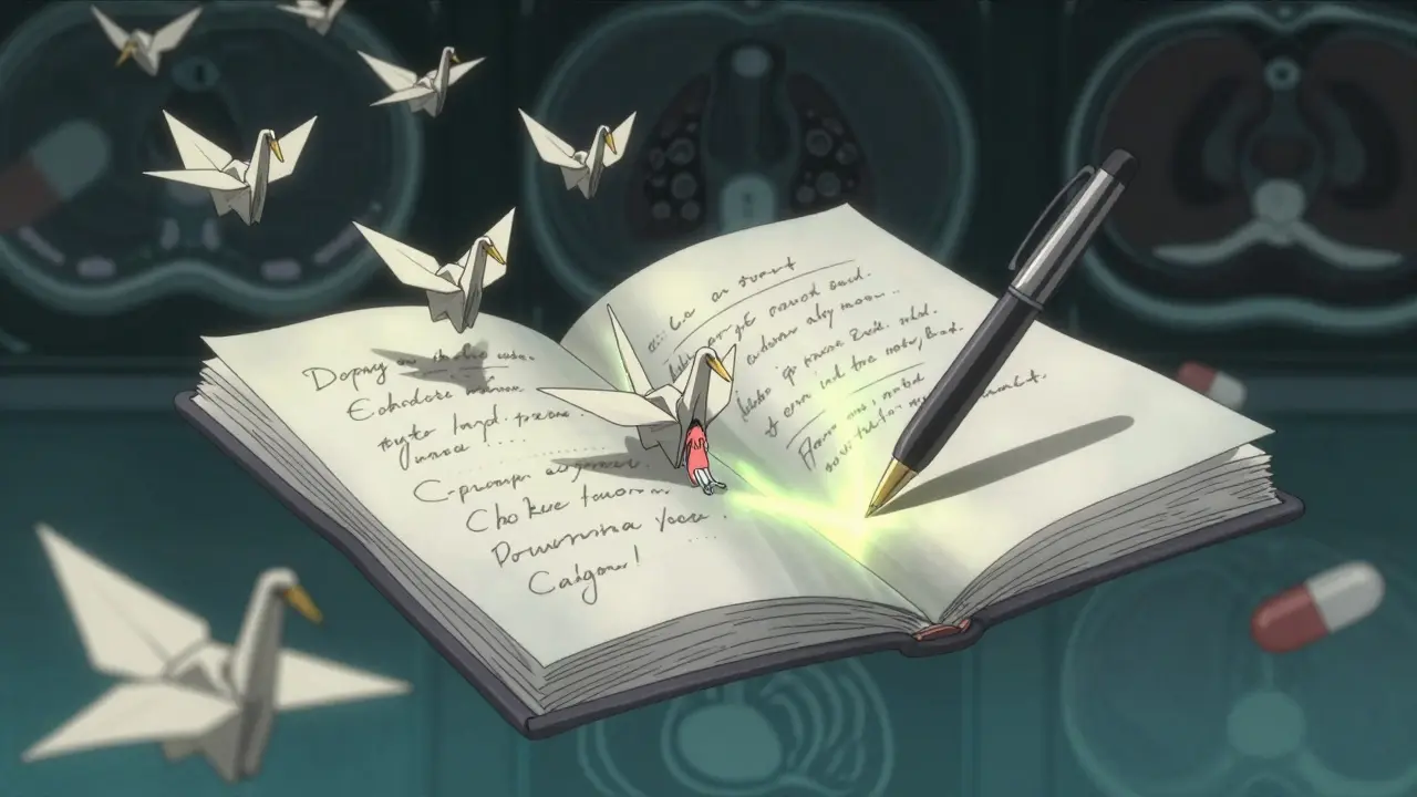 A medical journal turning into crying lung-shaped cranes, with fading pharmaceutical symbols in the background.