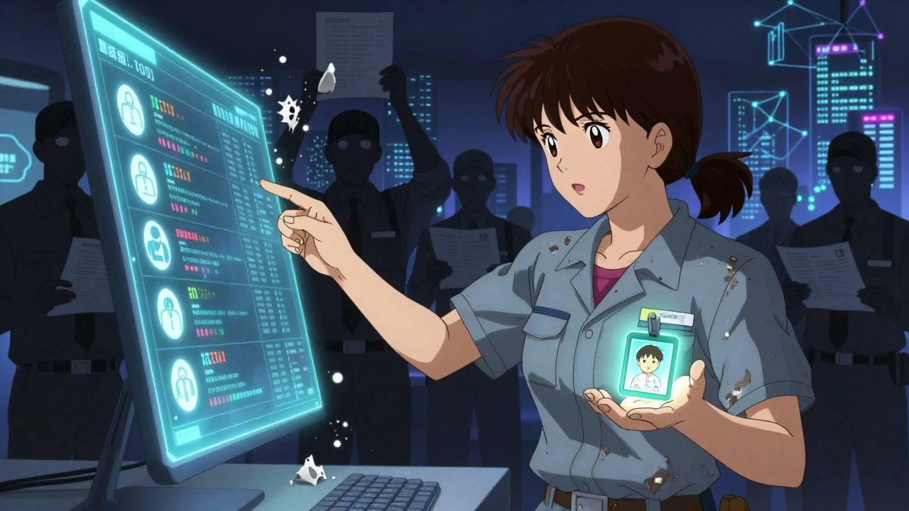 A mother reaches toward real-time data streams as her child’s CHIP eligibility glows, bureaucracy fades to ash.