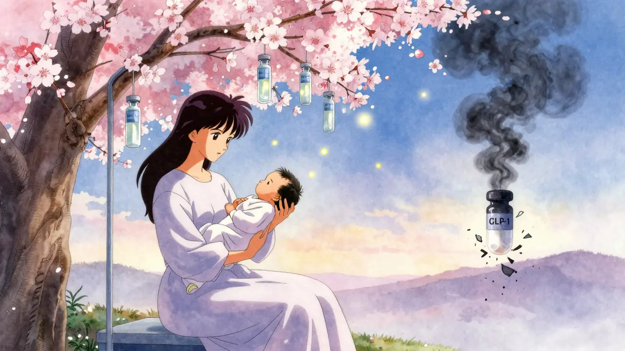 A mother with her newborn as insulin and metformin drift like fireflies, while a forbidden pill dissolves into smoke.