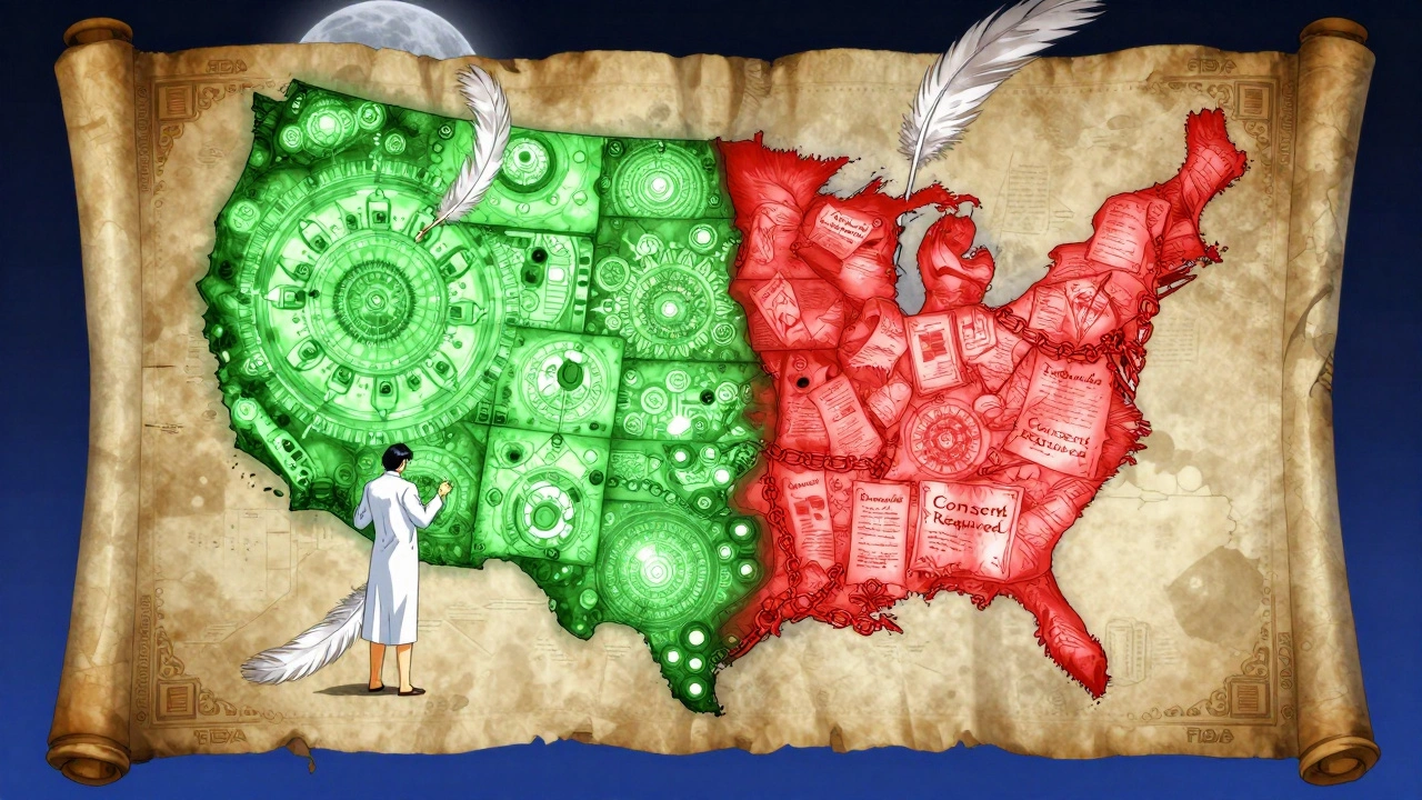 A mystical U.S. map split between glowing green generic switches and red chained consent papers under a moonlit sky.