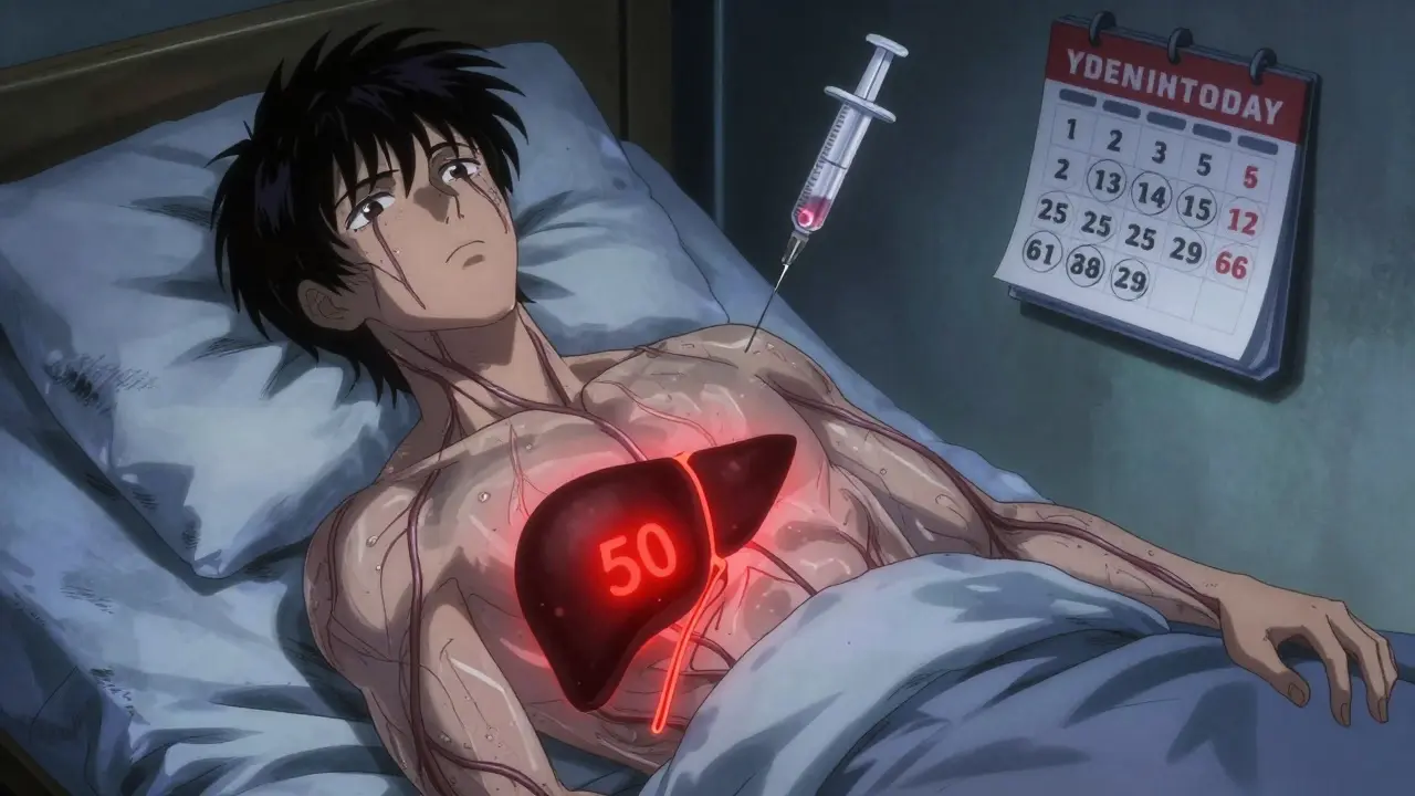 A patient's translucent body reveals a glowing, damaged liver at day 50 of medication use.