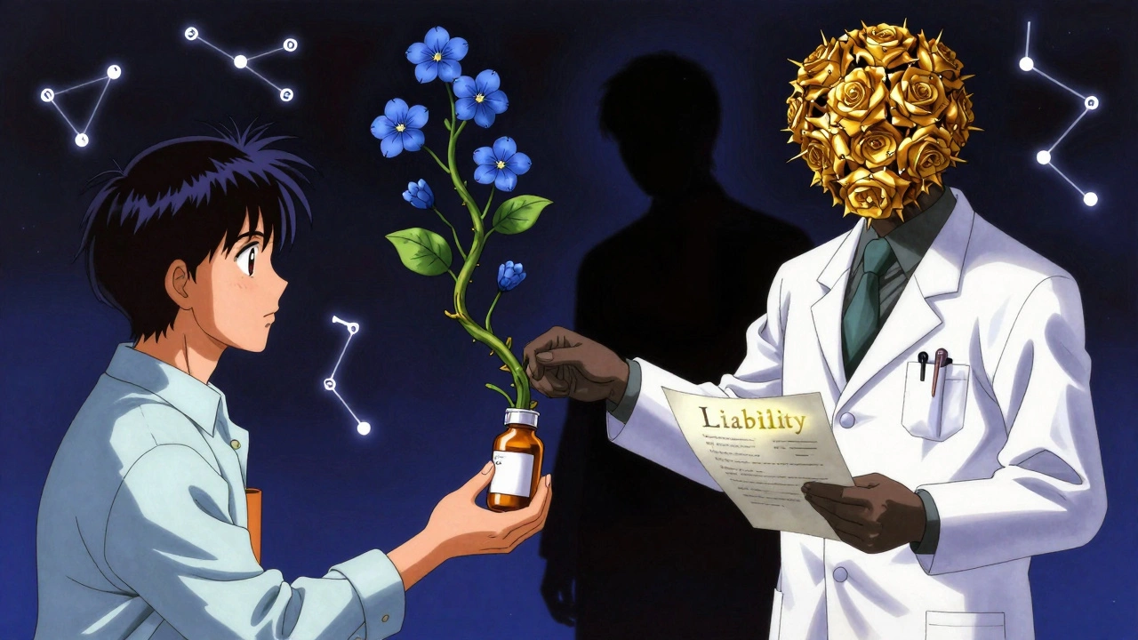 A patient holds a transforming pill vine—blue flowers vs. golden thorned roses—as a pharmacist stands between legal and medical choices.