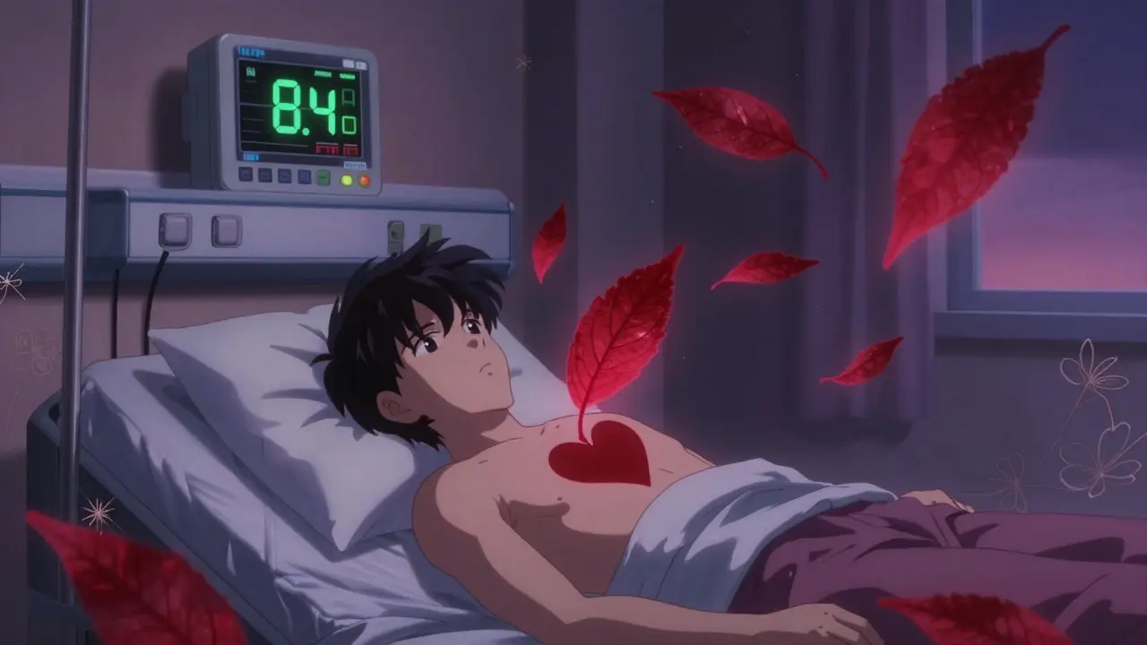 A patient in a hospital room stares at a flashing INR monitor as red sage leaves drift through the air, hauntingly beautiful.