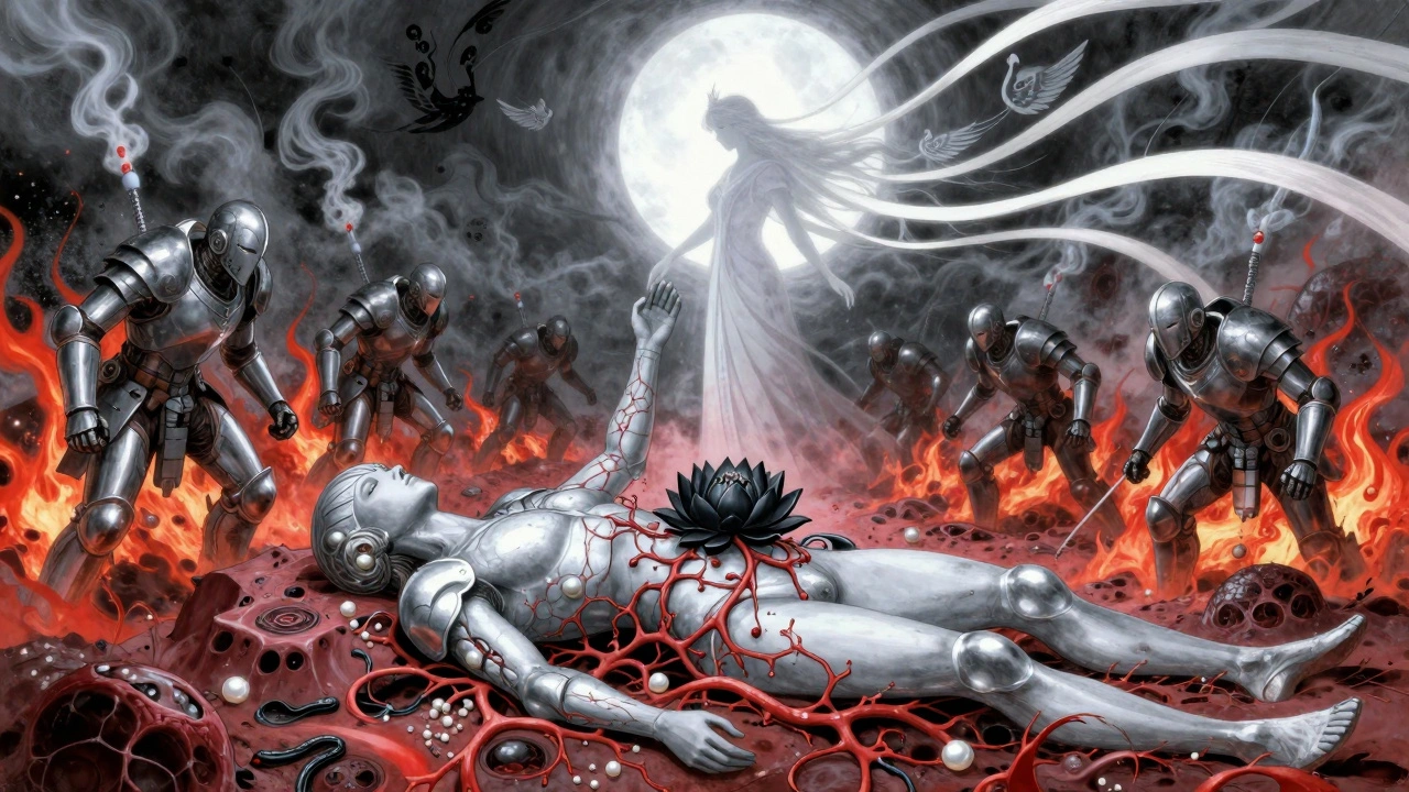 A patient’s body as a wounded landscape, with armored T cells fighting cytokine fire under a moon goddess’s touch.