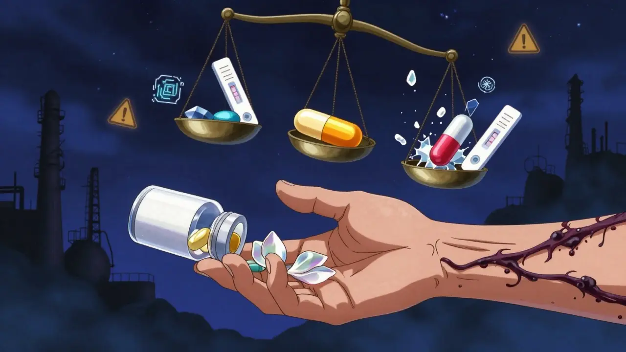 A patient’s hand dissolves into petals as dark impurities spread up their arm, symbolizing harm from unsafe medication.