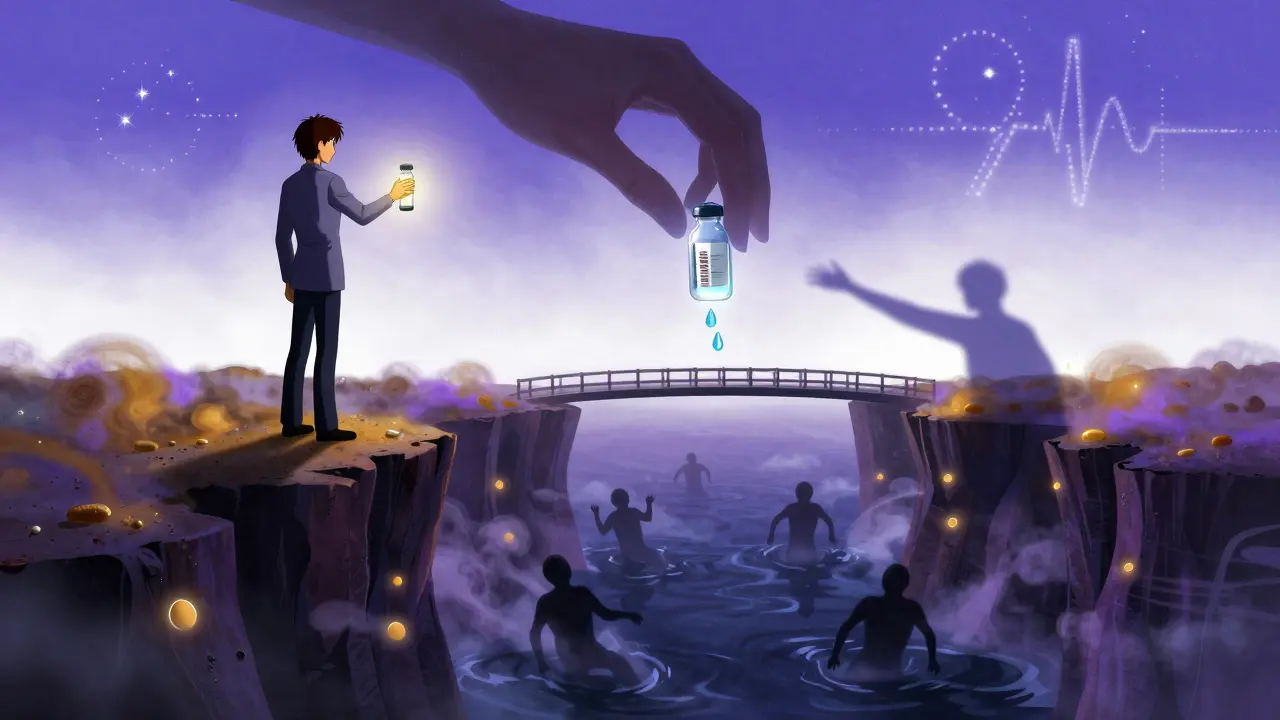 A person holding insulin like a lantern at a cliff’s edge, facing swirling ketones, guided by celestial hands in Amano’s dreamlike style.