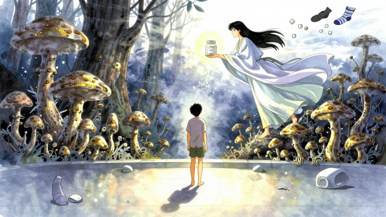 A person standing on a sunlit floor as fungal spores rise, countered by a guardian figure dispersing preventive powder.