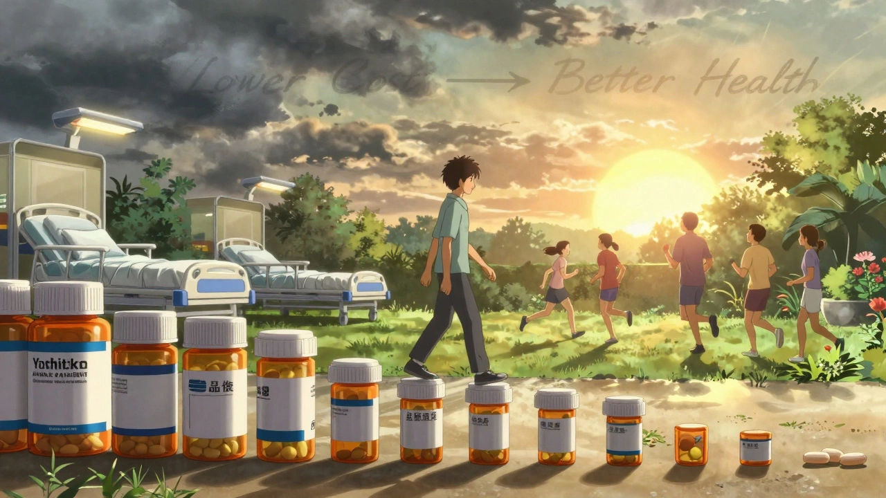 A person walking from heavy prescription bottles to light generics, with storm clouds fading and a hopeful sunrise ahead.