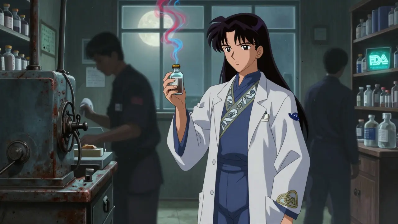 A pharmacist holds a contaminated vial as shadowy workers operate outdated machinery, with crumbling inspection seals around them.