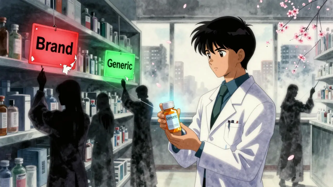A pharmacist in a dim pharmacy holds a glowing generic pill bottle as shadowy PBMs manipulate price strings.