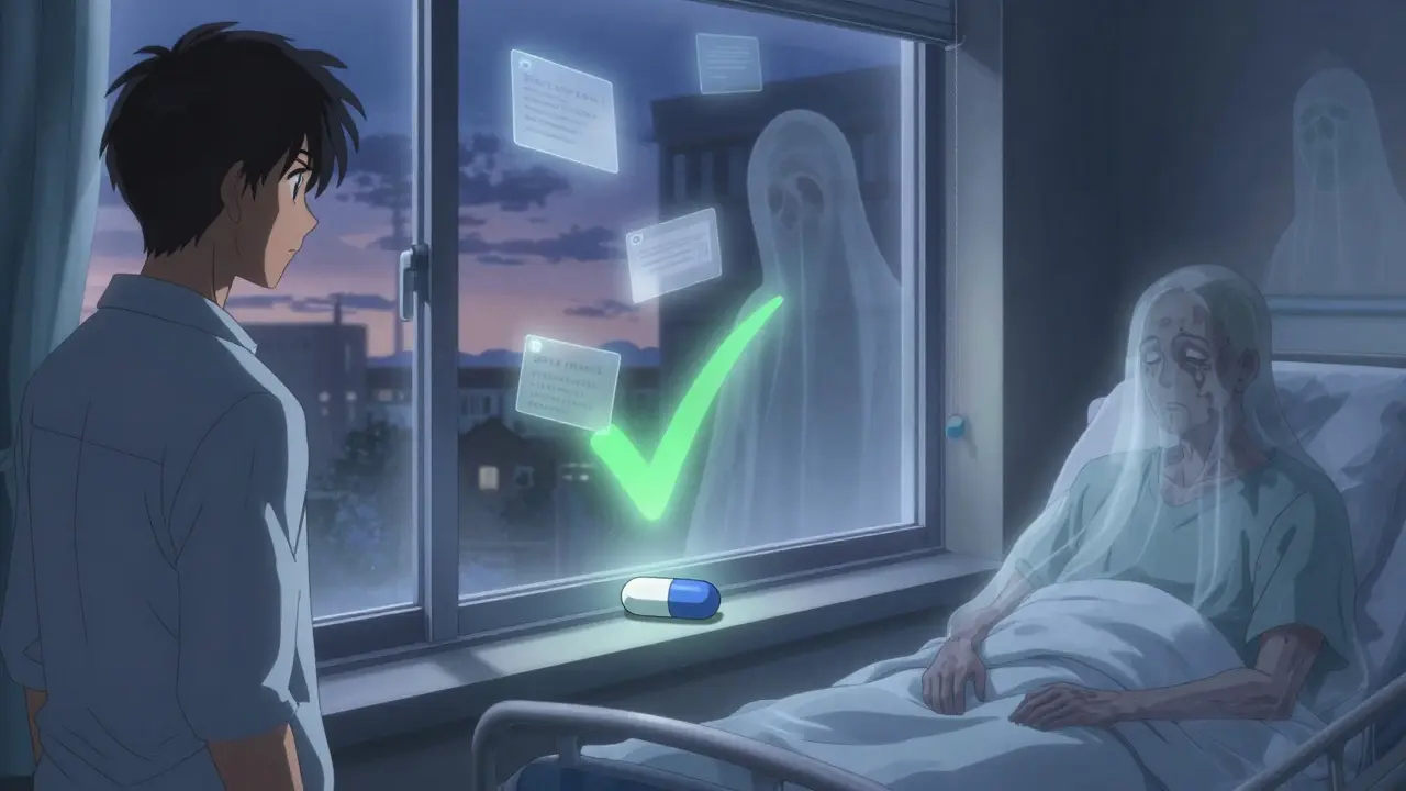 A single pill on a windowsill with ghostly versions of the patient’s past and future selves, floating reminders glowing softly.