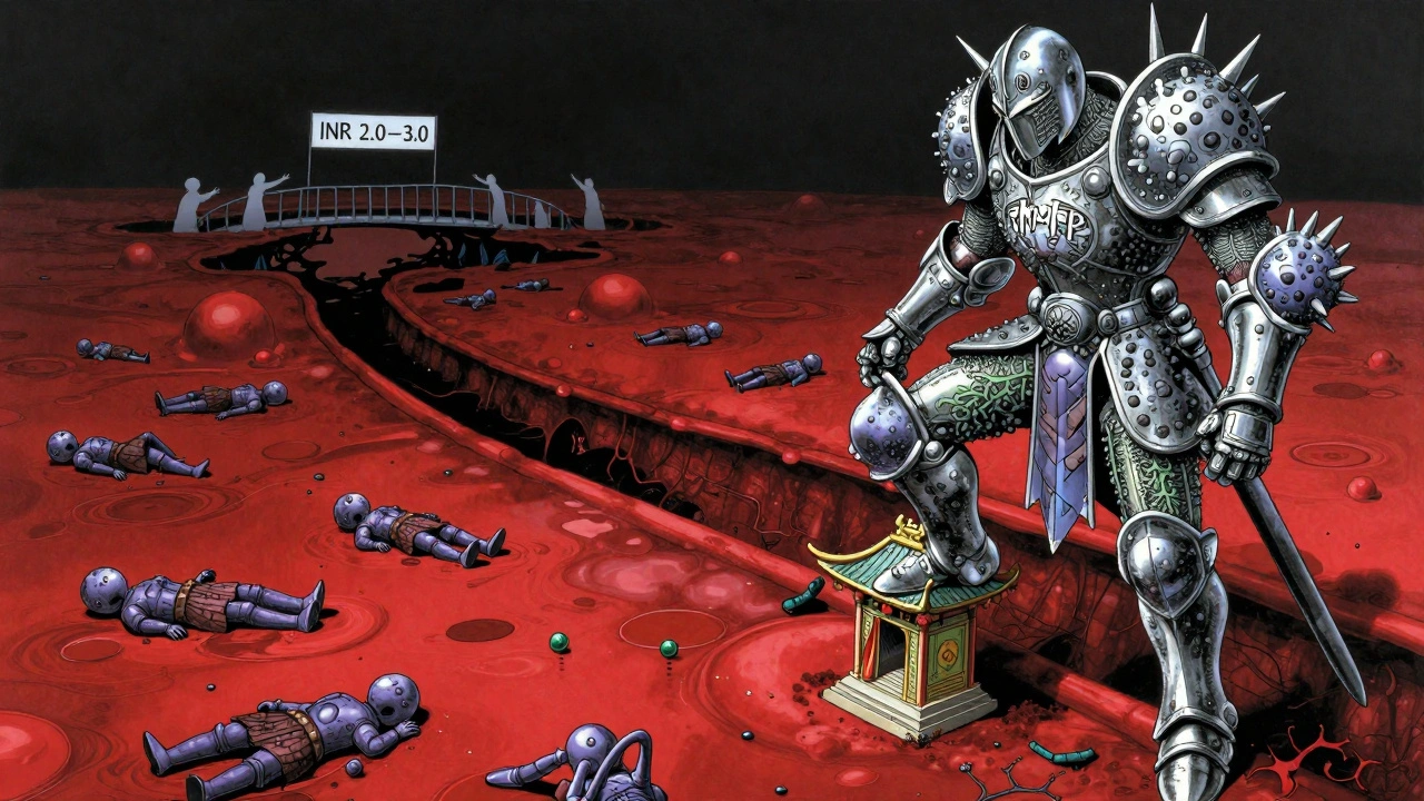 A surreal battlefield inside a vein where clotting factors fall before TMP-SMX, with INR bridge collapsing.
