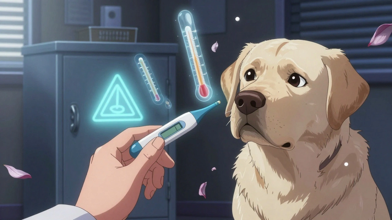 A vet checks a trembling dog&#039;s temperature as ghostly pills and rising fever glyphs hover nearby.